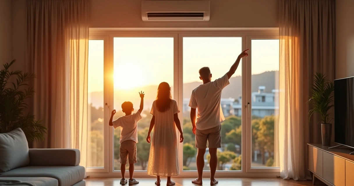 Família olhando painel solar e ar-condicionado 