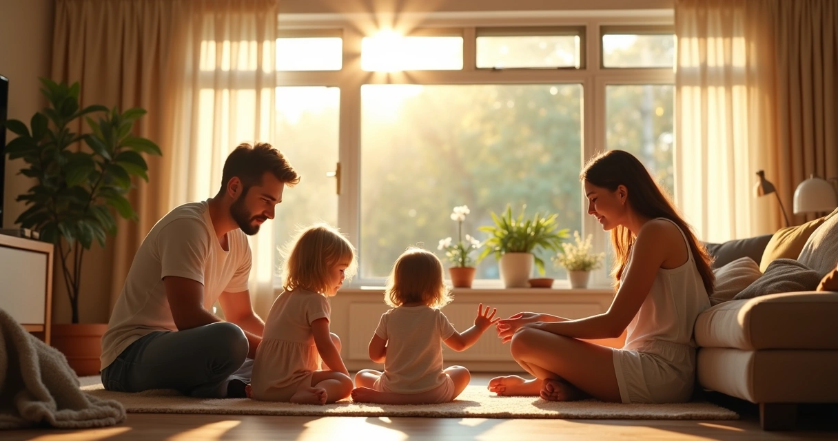 Família reunida em casa aproveitando a luz natural junto a aparelhos desligados.
