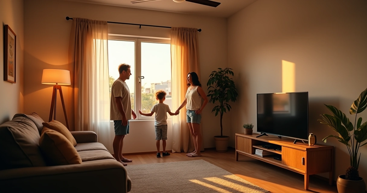 Família em sala de estar ajustando iluminação e controles para economizar energia 