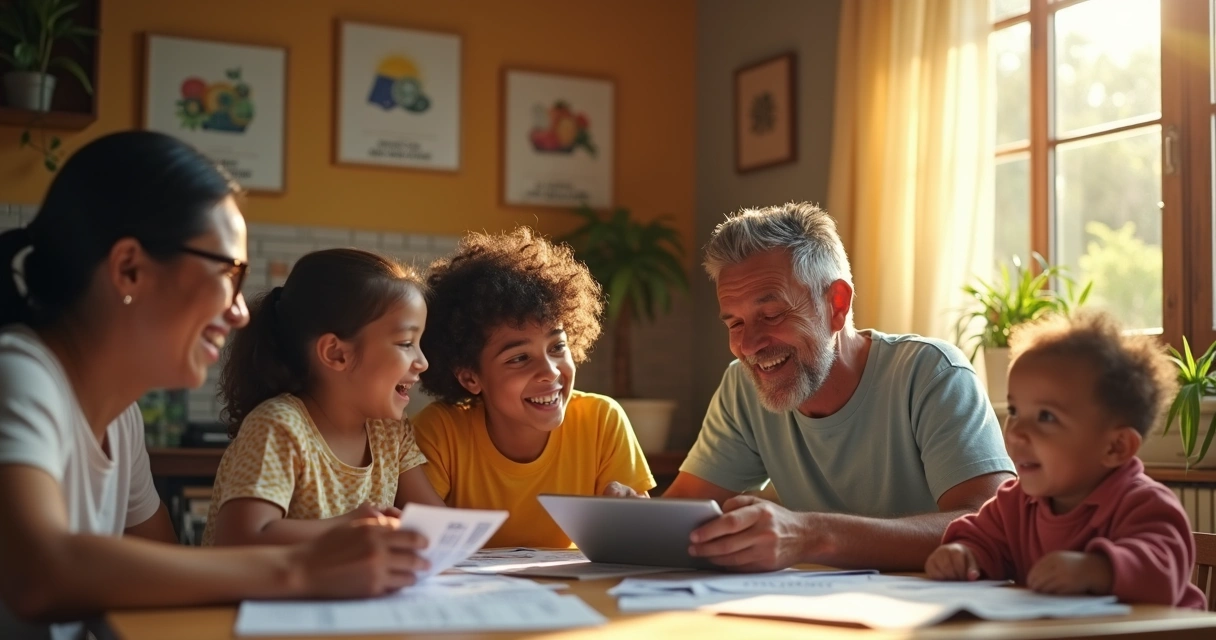Família reunida em casa analisando despesas e comemorando economia com novo app da CNH.