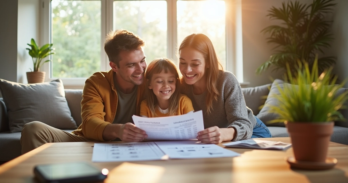 Família lendo conta de luz, sorrindo ao perceber economia