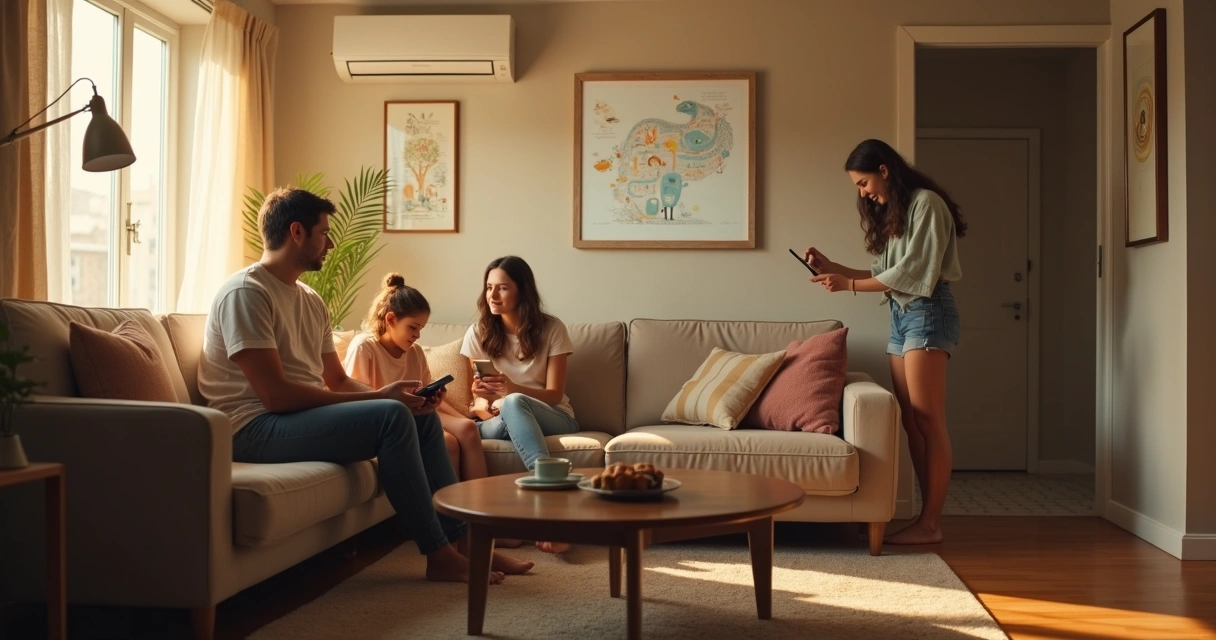 Família ajustando equipamentos para economizar energia