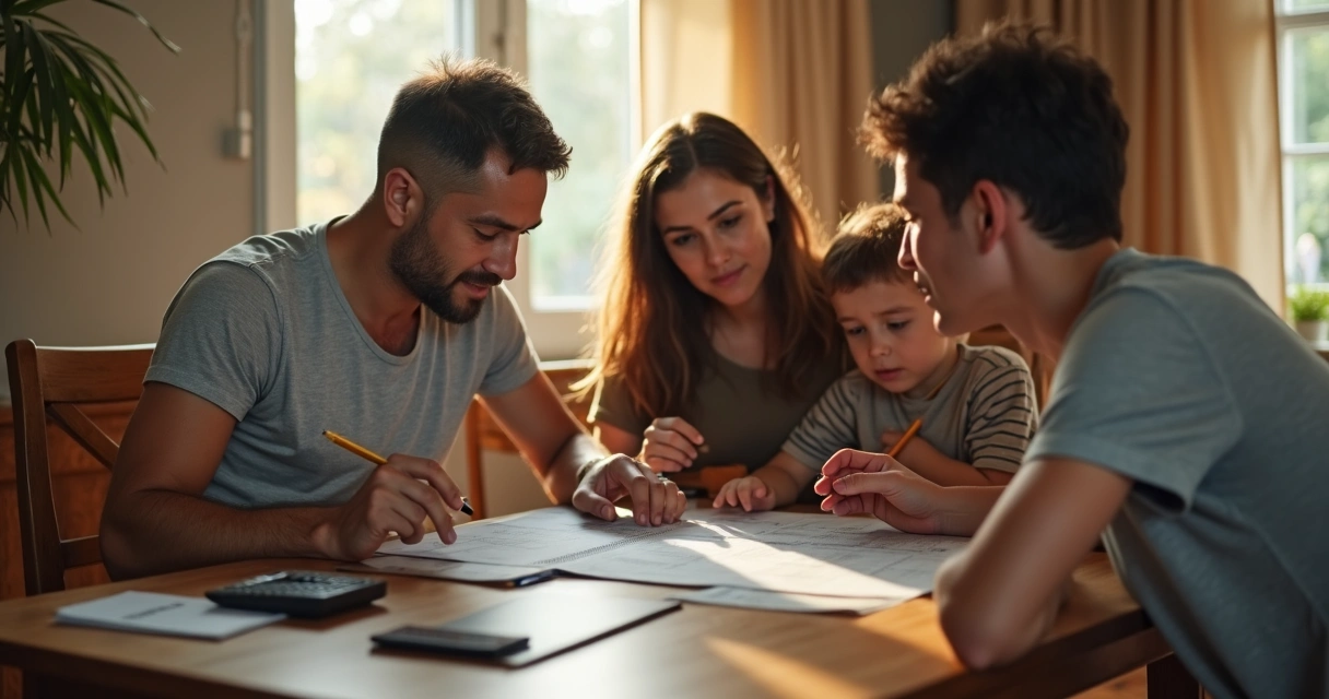 Família reunida ao redor da mesa analisando conta de luz