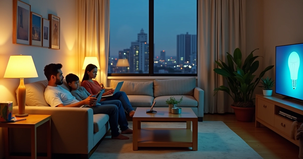 Família relaxando na sala com luzes apagadas e lâmpadas econômicas acesas 