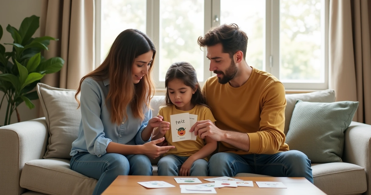 Pais sentados no sofá ajudando criança a nomear emoções com cartões coloridos 