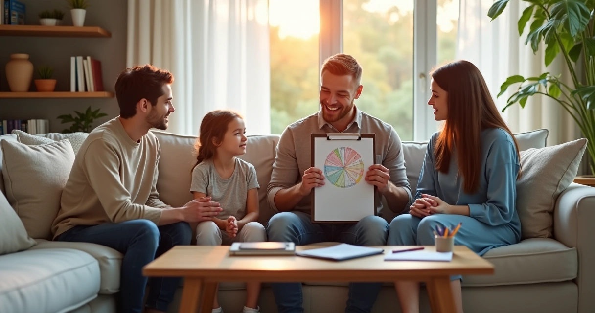 Família sentada no sofá praticando educação emocional com filhos em casa 