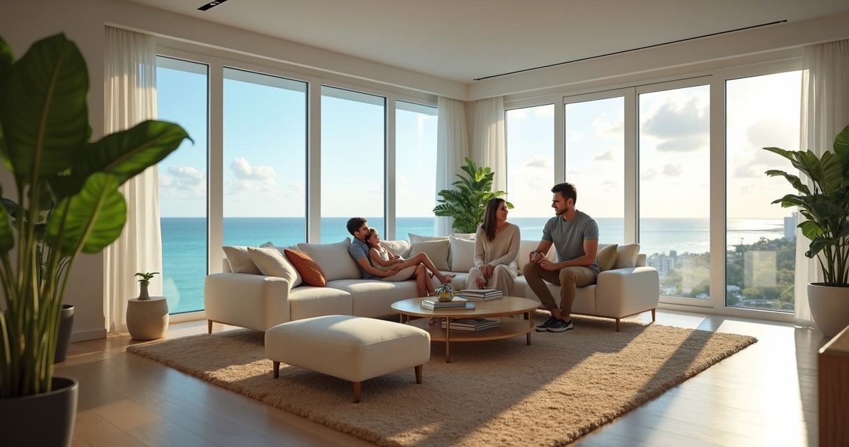 Família aproveitando sala moderna em apartamento de Miami Beach com vista para o mar 