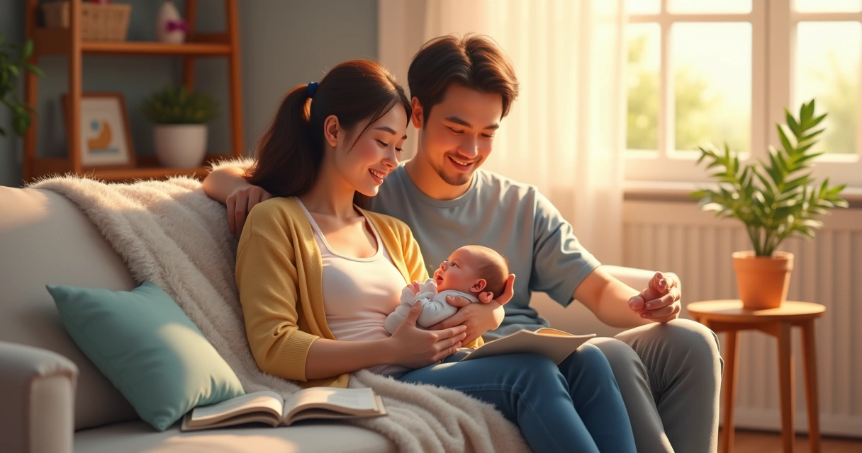 Família reunida com bebê recém-nascido no sofá