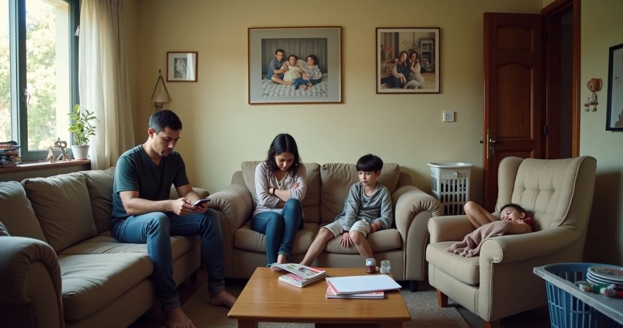 Família sentada em sala bagunçada com clima tenso e distanciado 