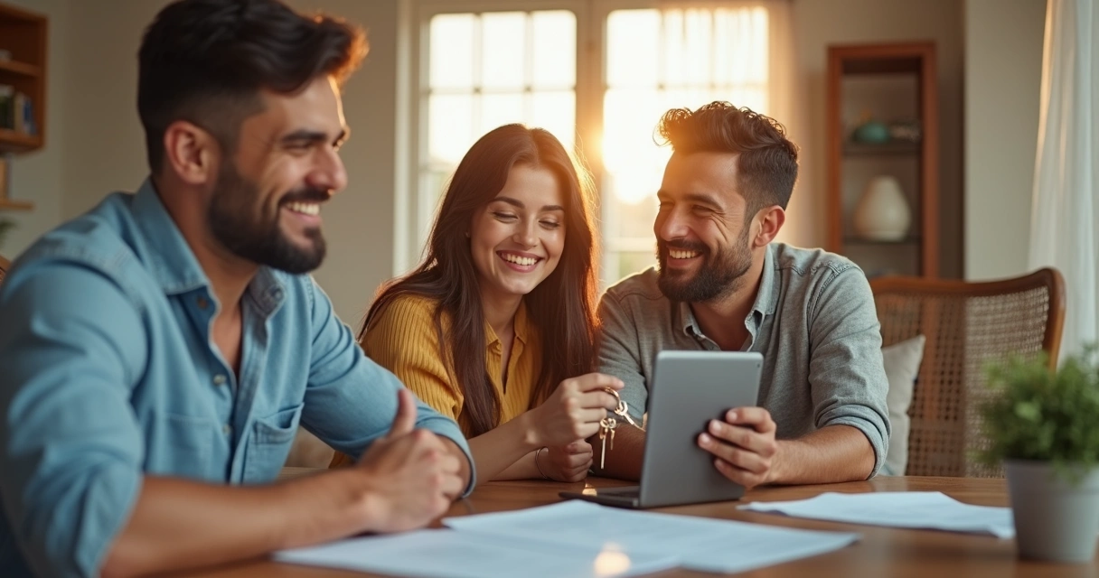 Família comemorando a entrada em novo imóvel com documentação digital e chave 