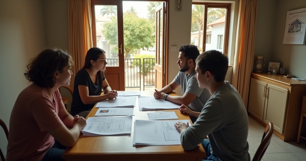 Família analisando documentos de posse em sala de casa simples 