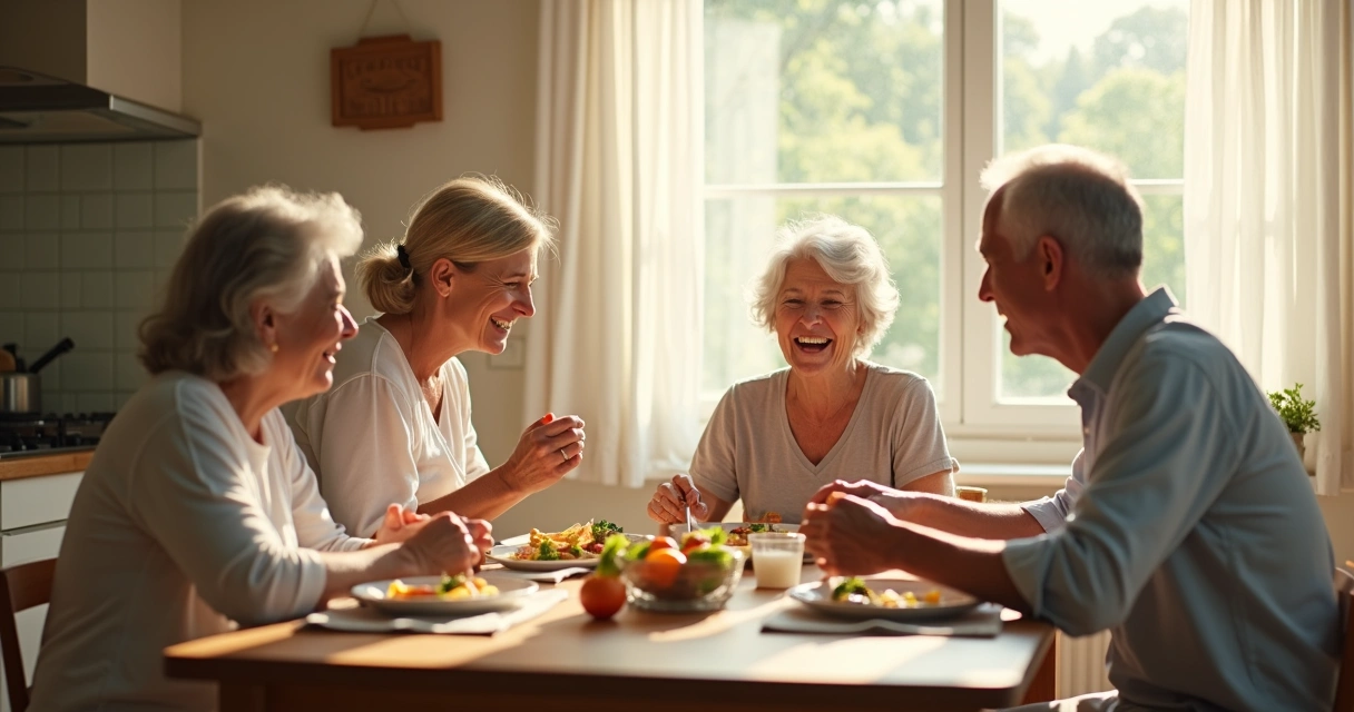 Família sentada à mesa em casa, interagindo e dialogando. 