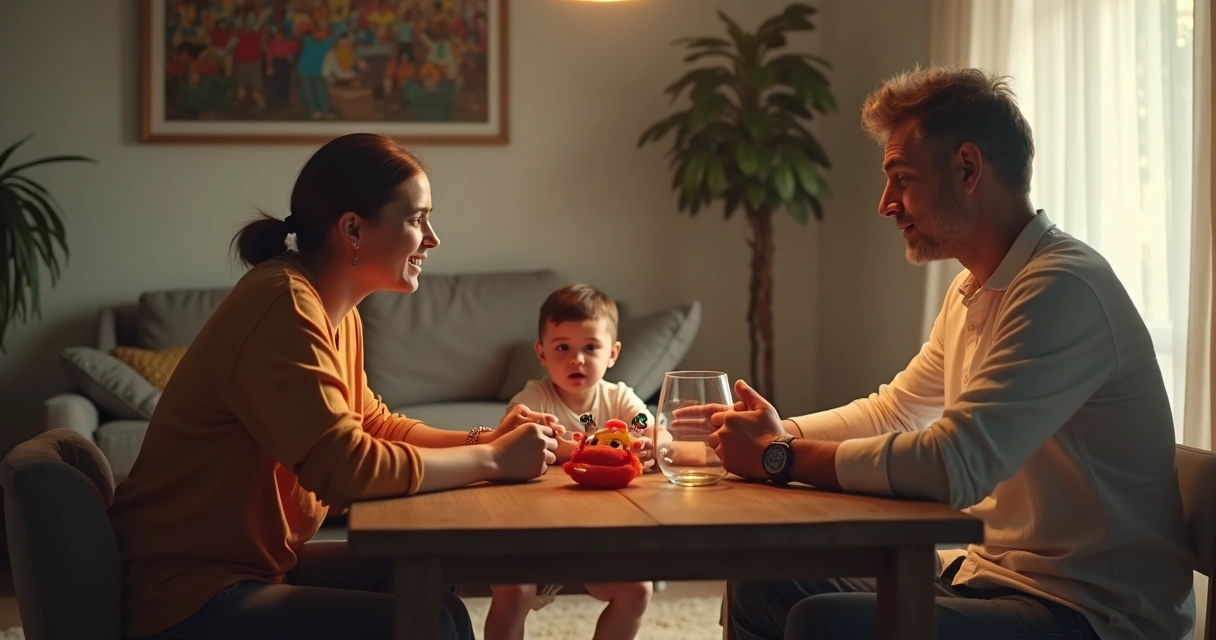 Família em sala de estar, adultos conversando, criança brincando ao fundo 