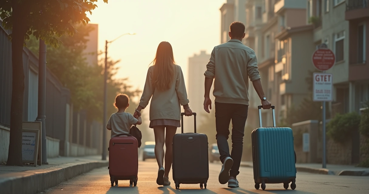 Família com malas chegando a uma nova cidade 