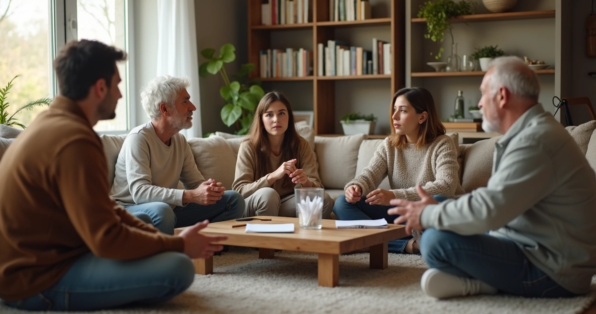 Família sentada em círculo em sala aconchegante refletindo e conversando 