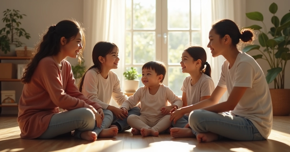 Família sentada em círculo, mãos dadas, olhando uns para os outros