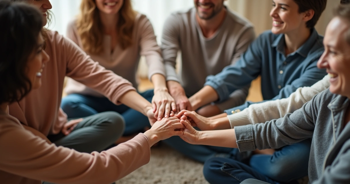Pessoas de diferentes idades sentadas em círculo, segurando as mãos. 