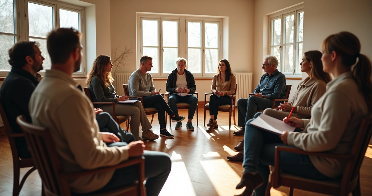 Grupo de pessoas sentadas em círculo conversando em uma sala ampla. 
