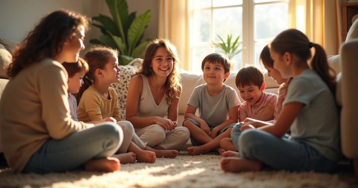 Família sentada em círculo na sala conversando. 