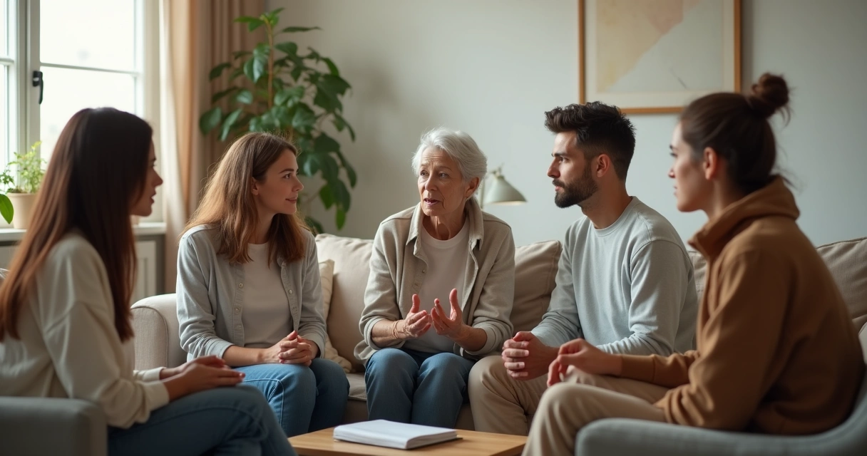 Família sentada em círculo na sala conversando em clima de reflexão 