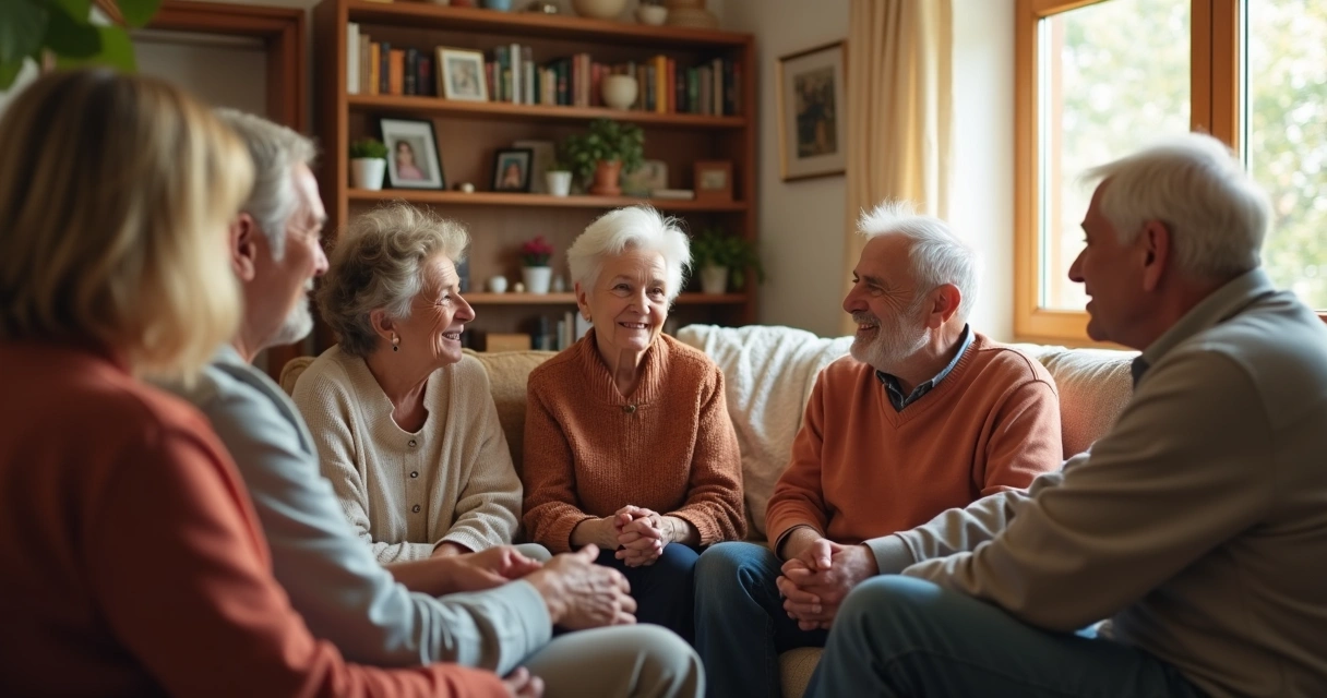 Familia sentada em círculo conversando em casa 