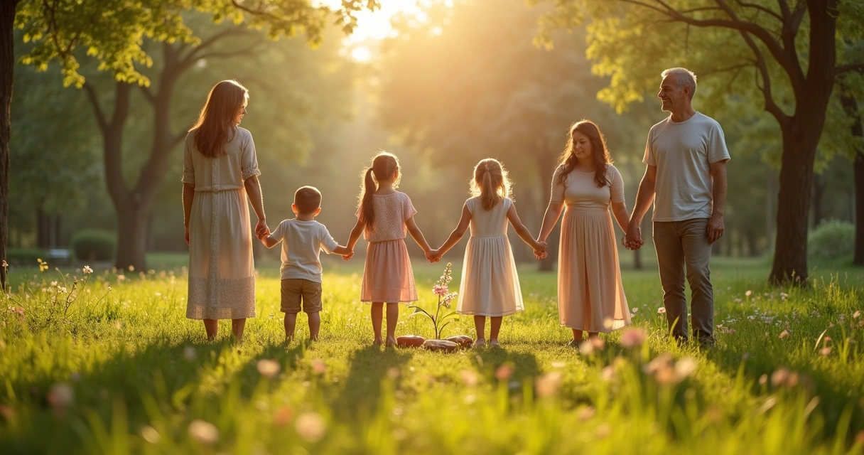Família fazendo círculo de proteção segurando flores