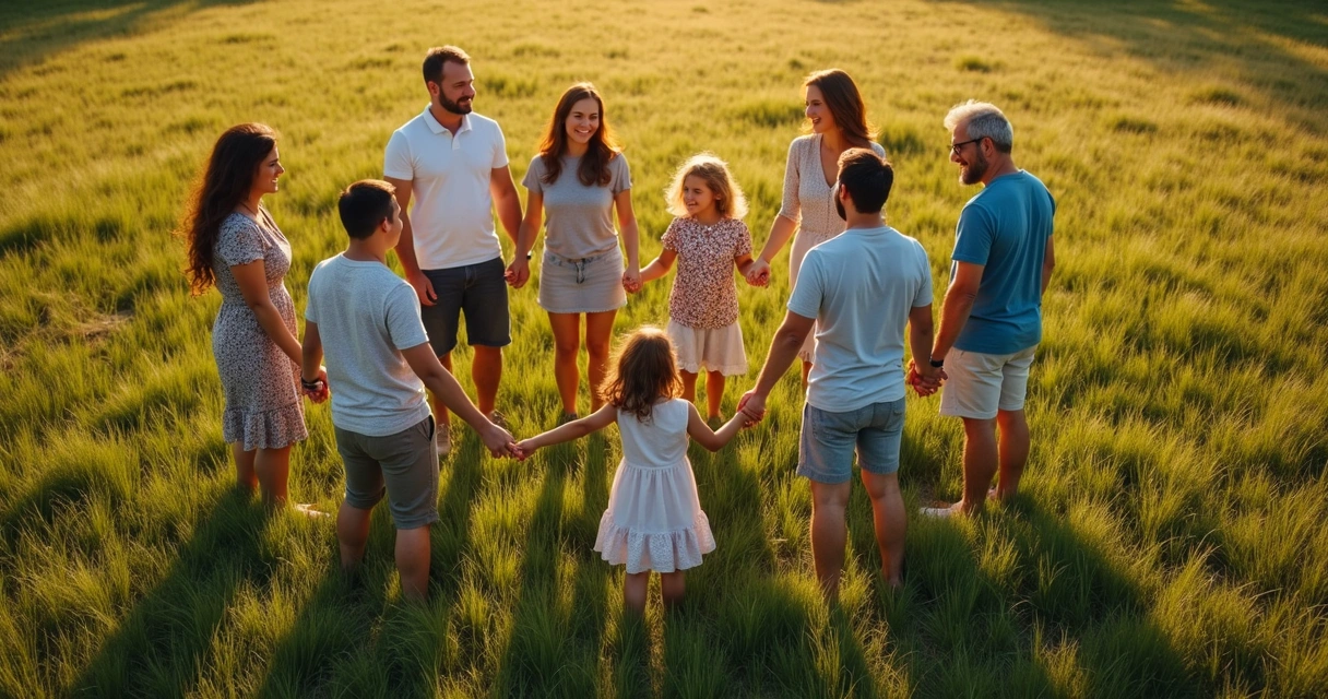Família de diferentes idades, de mãos dadas em círculo sobre a grama 