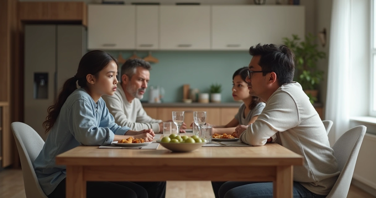 Membros de uma família olhando em direções opostas, sentados à mesa em silêncio 