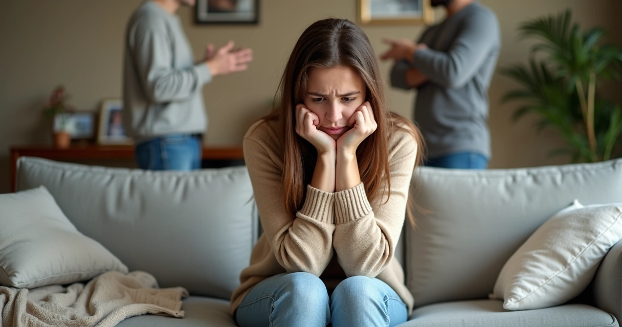 Mulher ansiosa sentada em sofá enquanto familiares discutem ao fundo 
