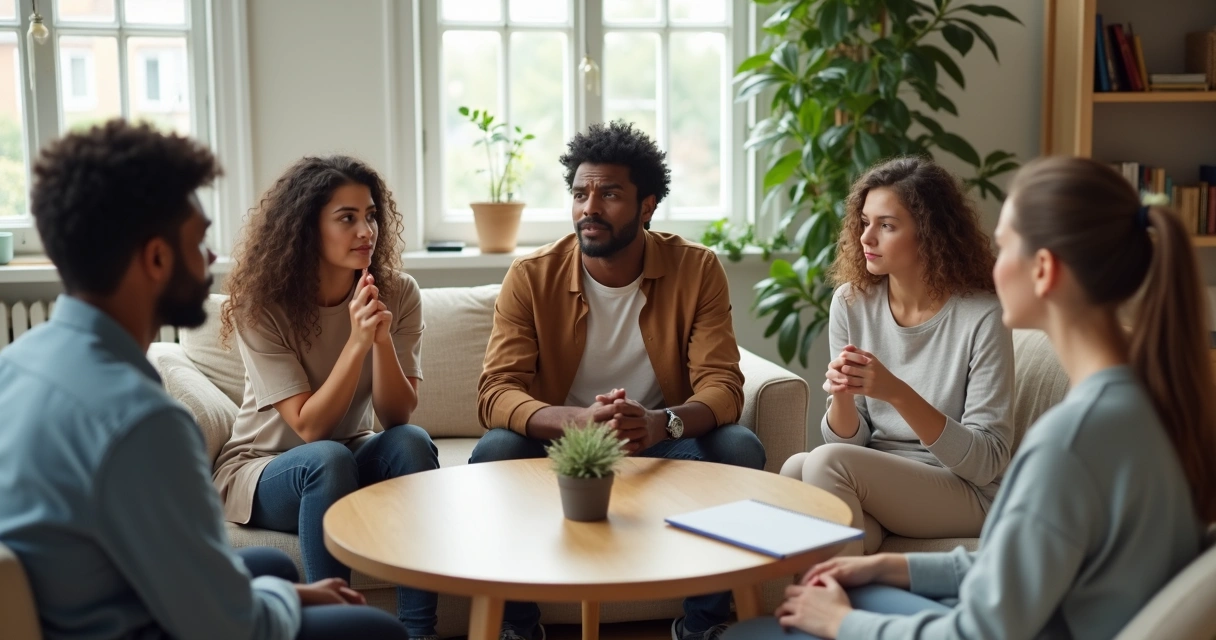 Família em conflito sendo mediada por terapeuta em ambiente acolhedor 