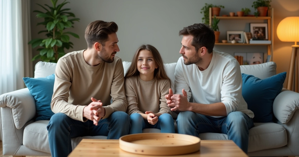 Família sentada em sala de estar com casal em conflito e filha adolescente mediando a conversa 