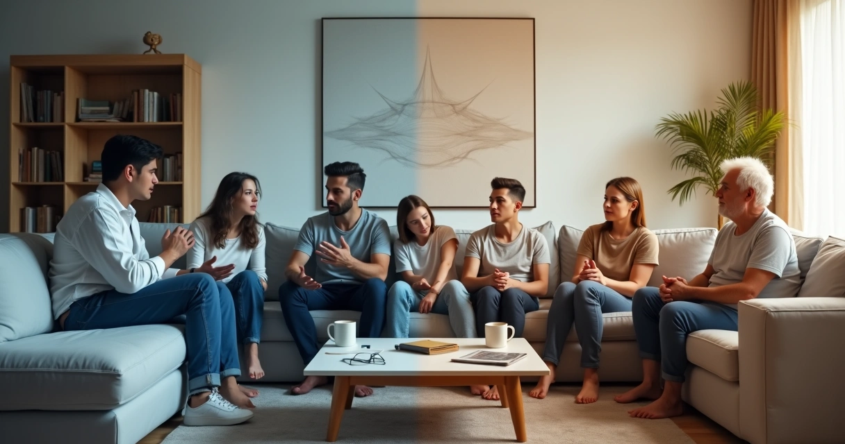 Família em sala de estar passando de conflito para reconciliação no sofá 