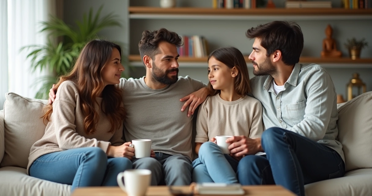 Família sentada no sofá em conversa séria com clima de reconciliação 