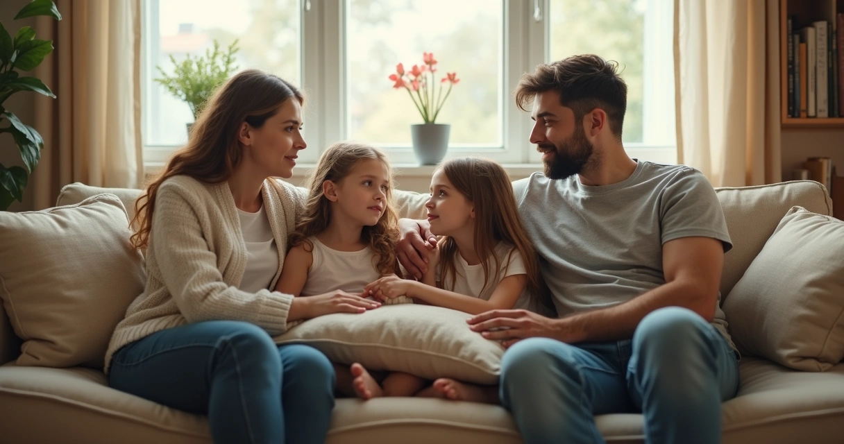 Família reunida no sofá da sala, membros olhando uns para os outros após discussão, atmosfera tensa porém calma. 