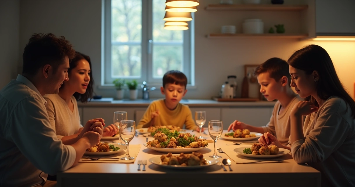 Família sentada em mesa de jantar, todos em silêncio e olhando para baixo. 
