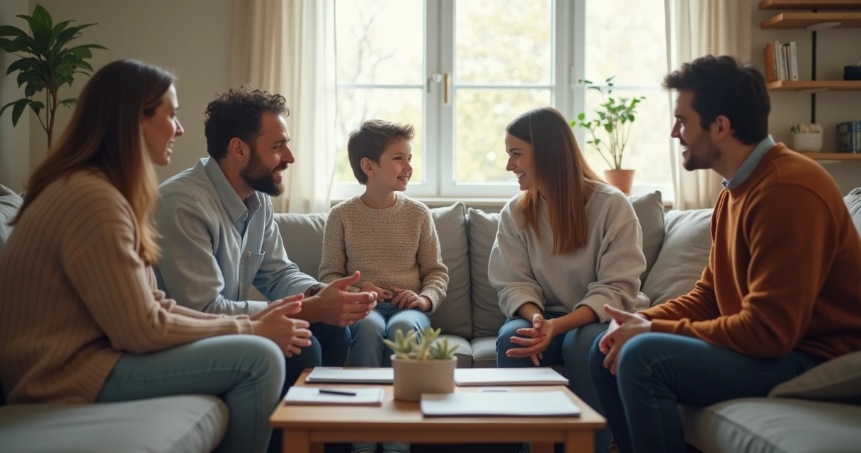 Família sentada em círculo conversando em sala acolhedora