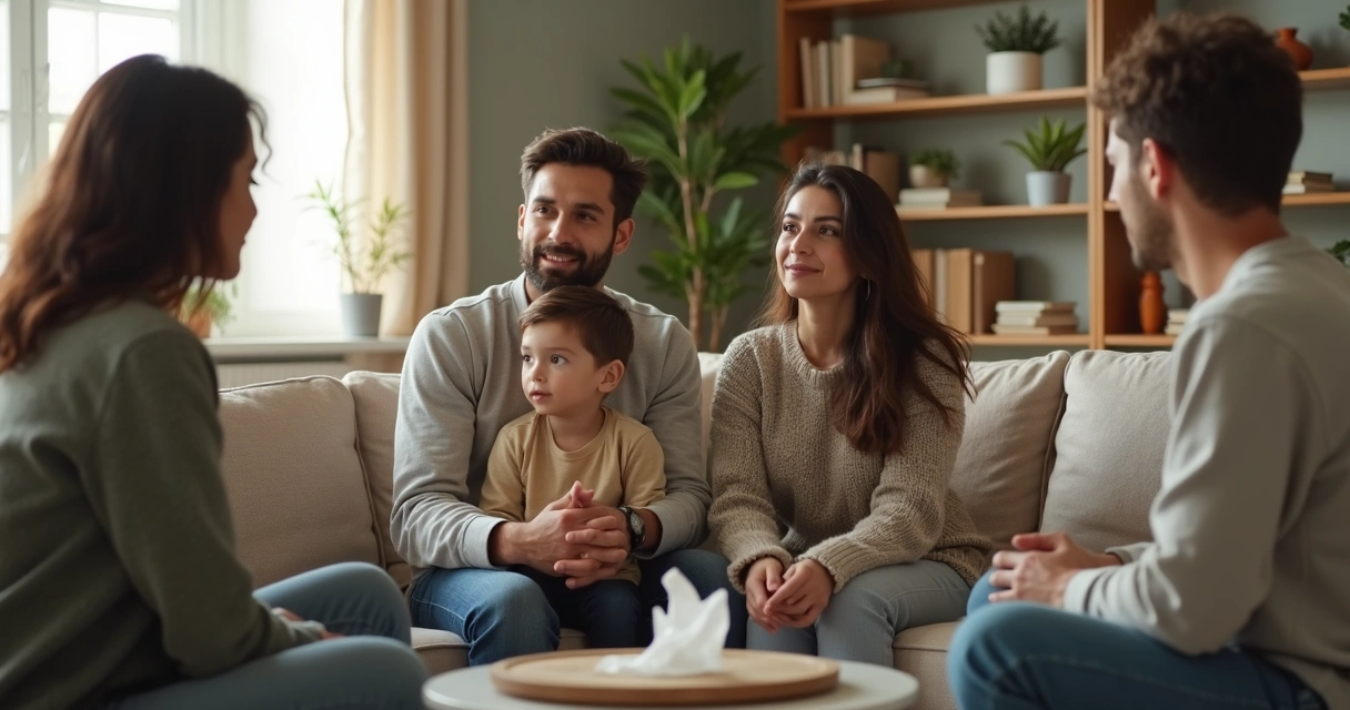 Família sentada em roda conversando na sala 