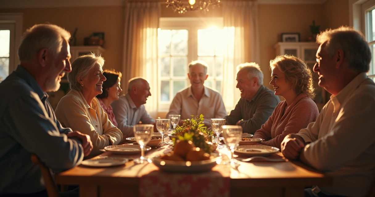 Família sentada à mesa conversando 