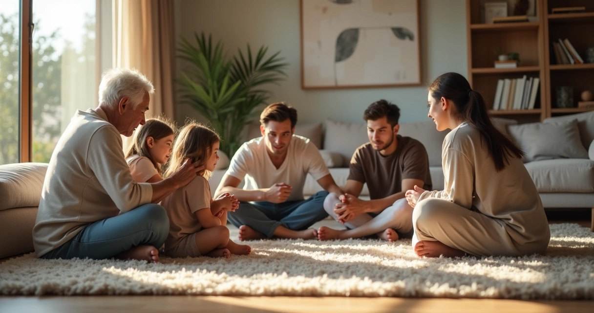 Família sentada em círculo na sala conversando de forma calma e conectada 