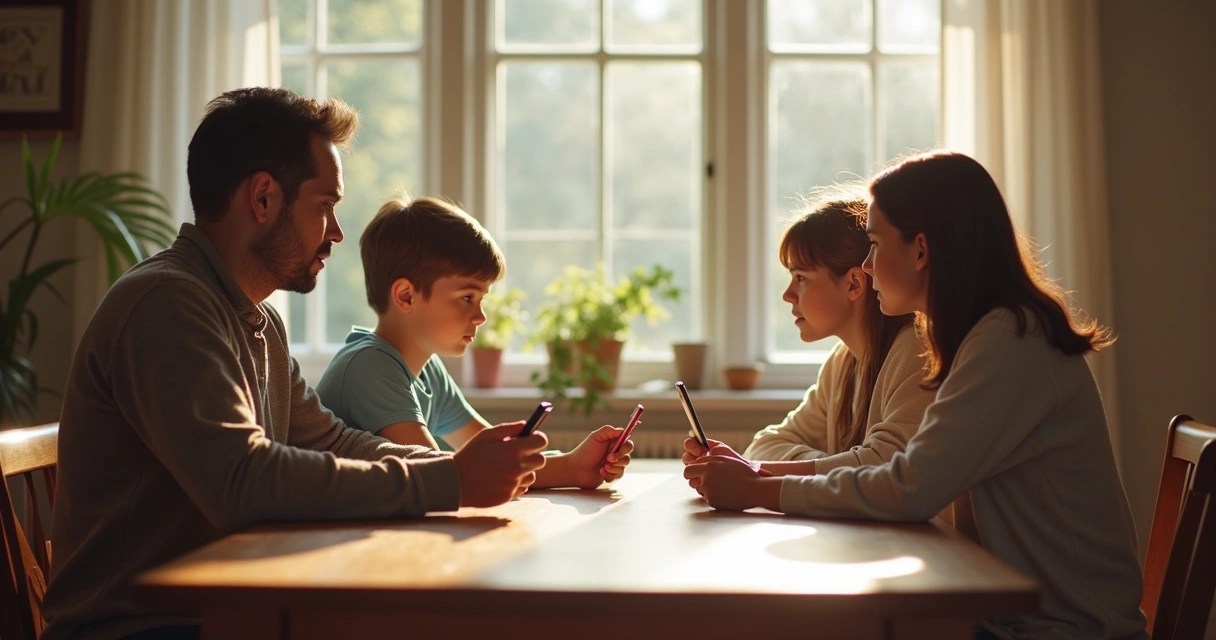 Família sentada ao redor de uma mesa conversando atenta e calmamente