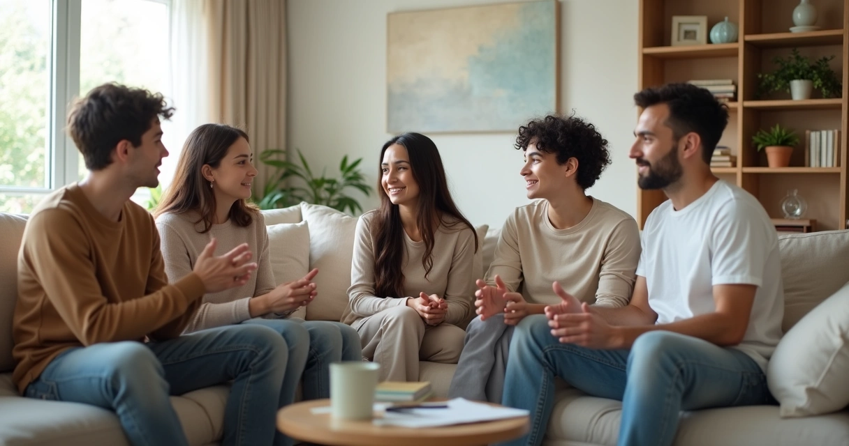 Família sentada na sala conversando de forma tranquila 