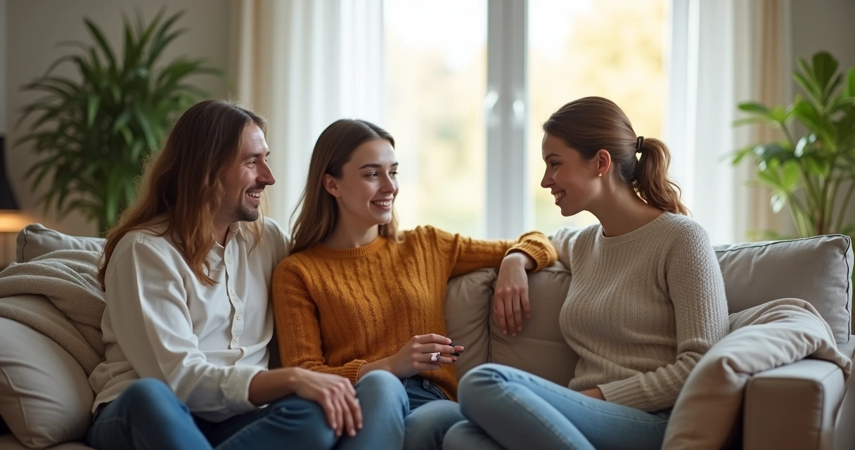 Dois adultos e uma adolescente sentados conversando em uma sala de estar iluminada 