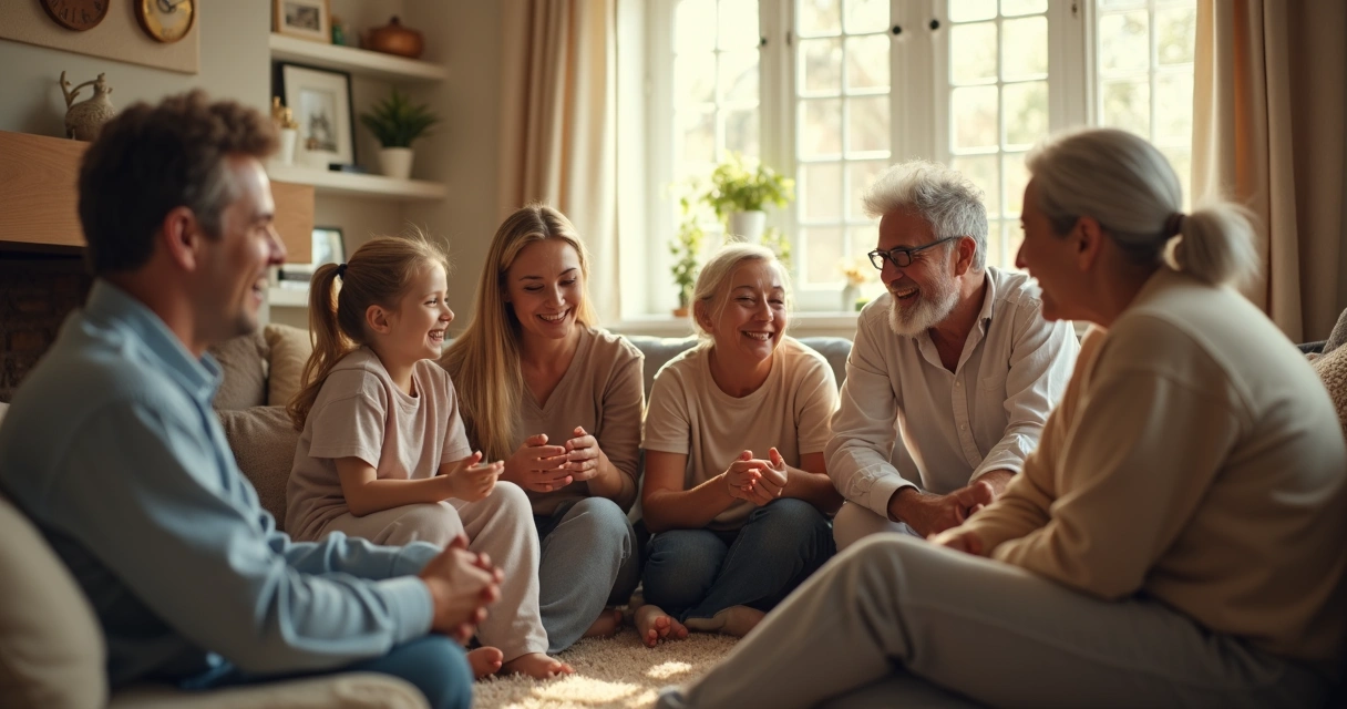 Família reunida em casa convivendo alegremente 