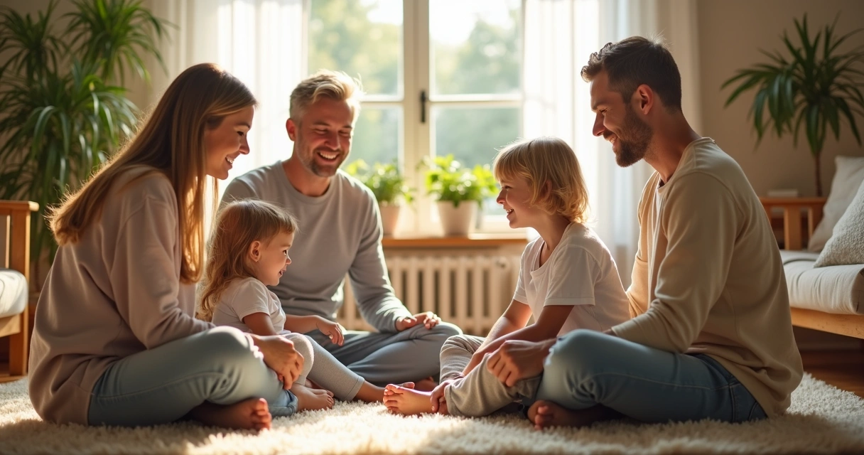 Vide uma família reunida na sala, em conversa tranquila, sentados em círculo. 