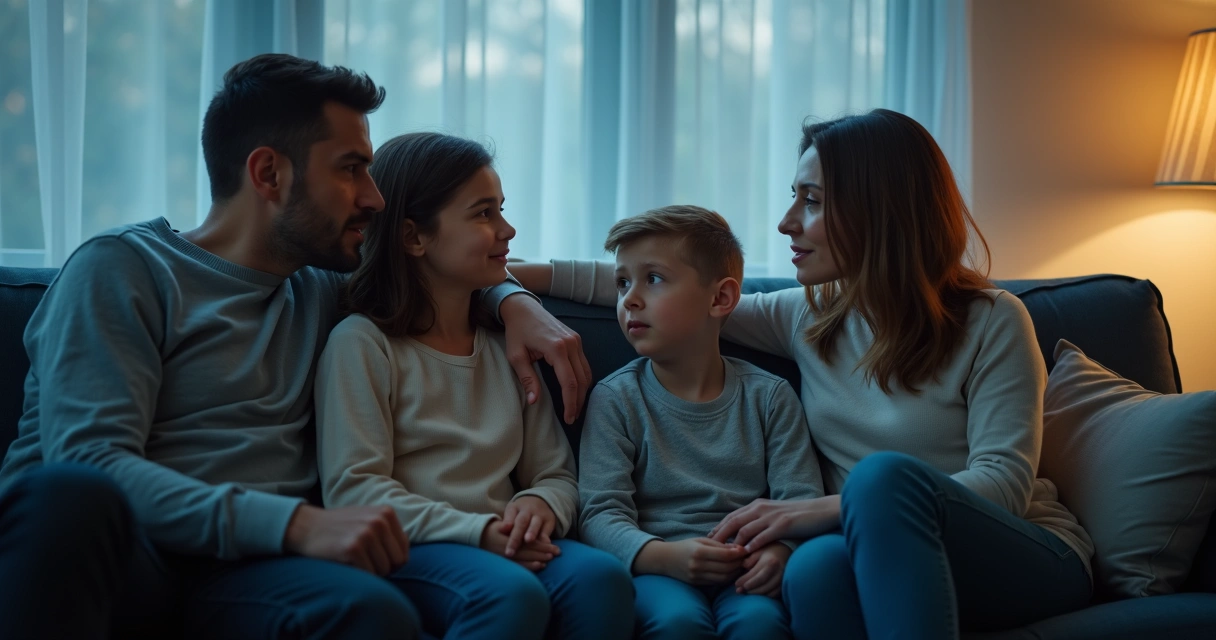 Família sentada no sofá, distanciada, todos olhando em direções diferentes, ambiente sombrio 