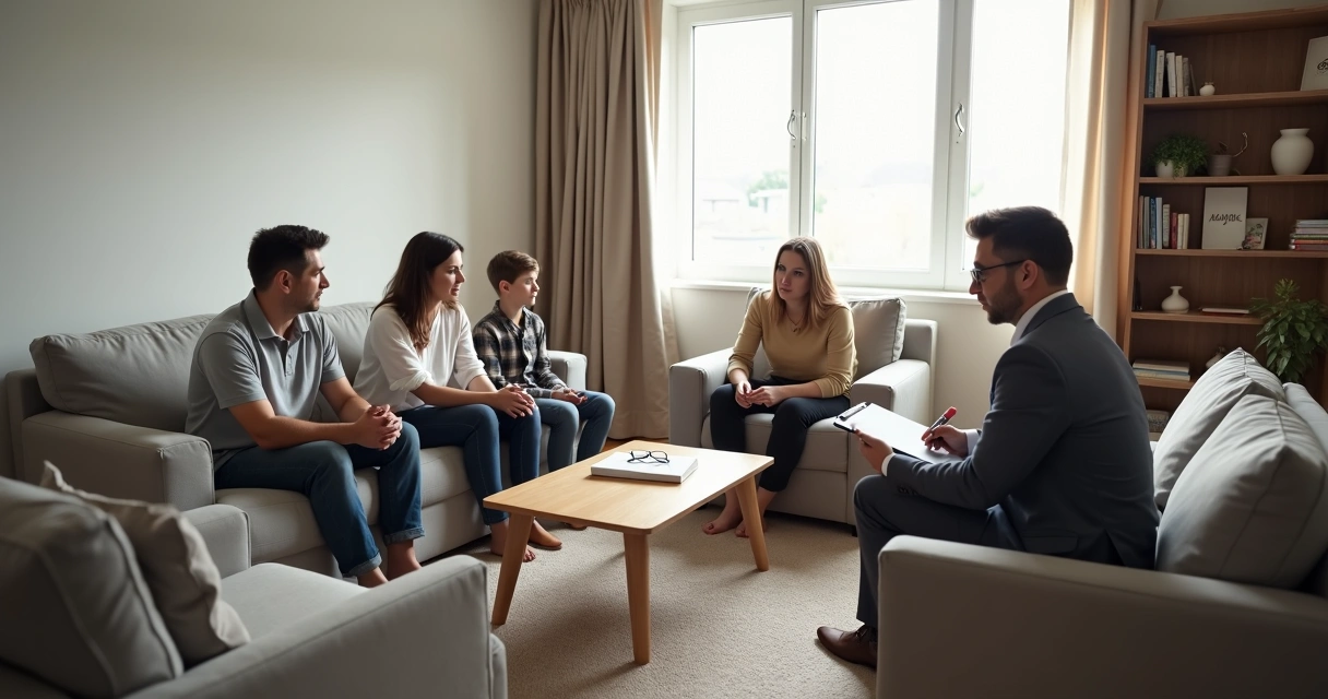 Família sentada em sala de estar tensa com terapeuta mediando diálogo 