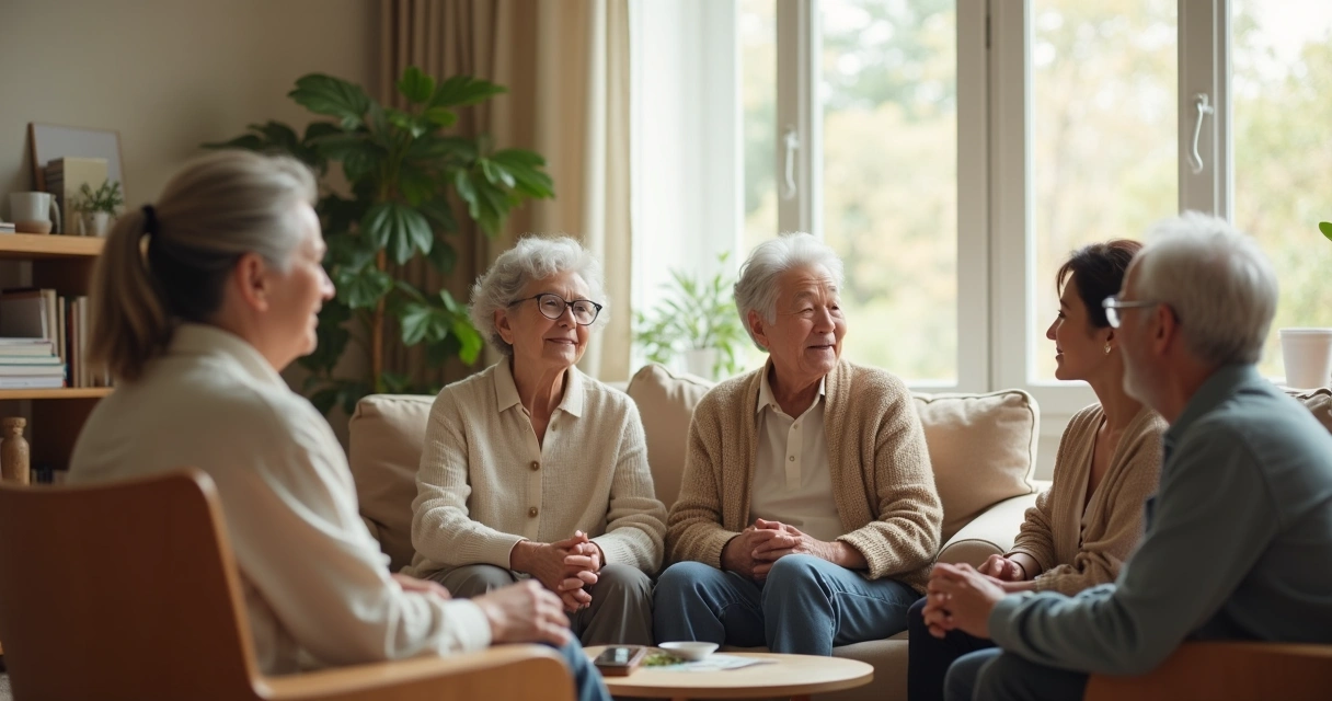 Família sentada em círculo conversando em ambiente acolhedor