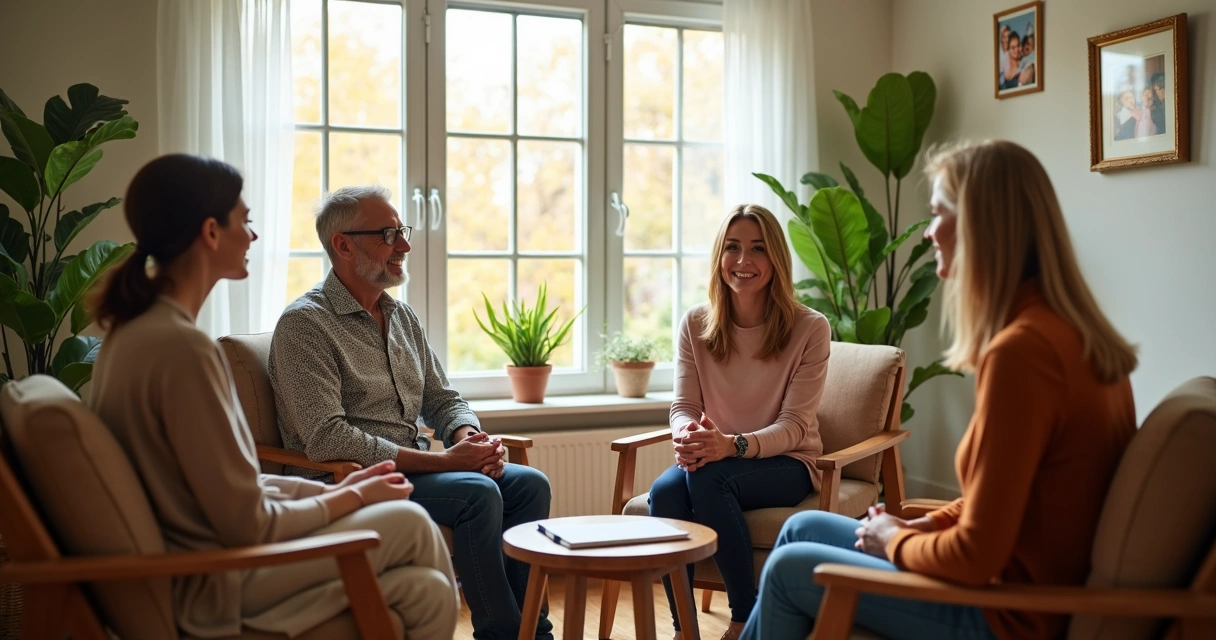 Família sentada em círculo, conversando em casa ensolarada 