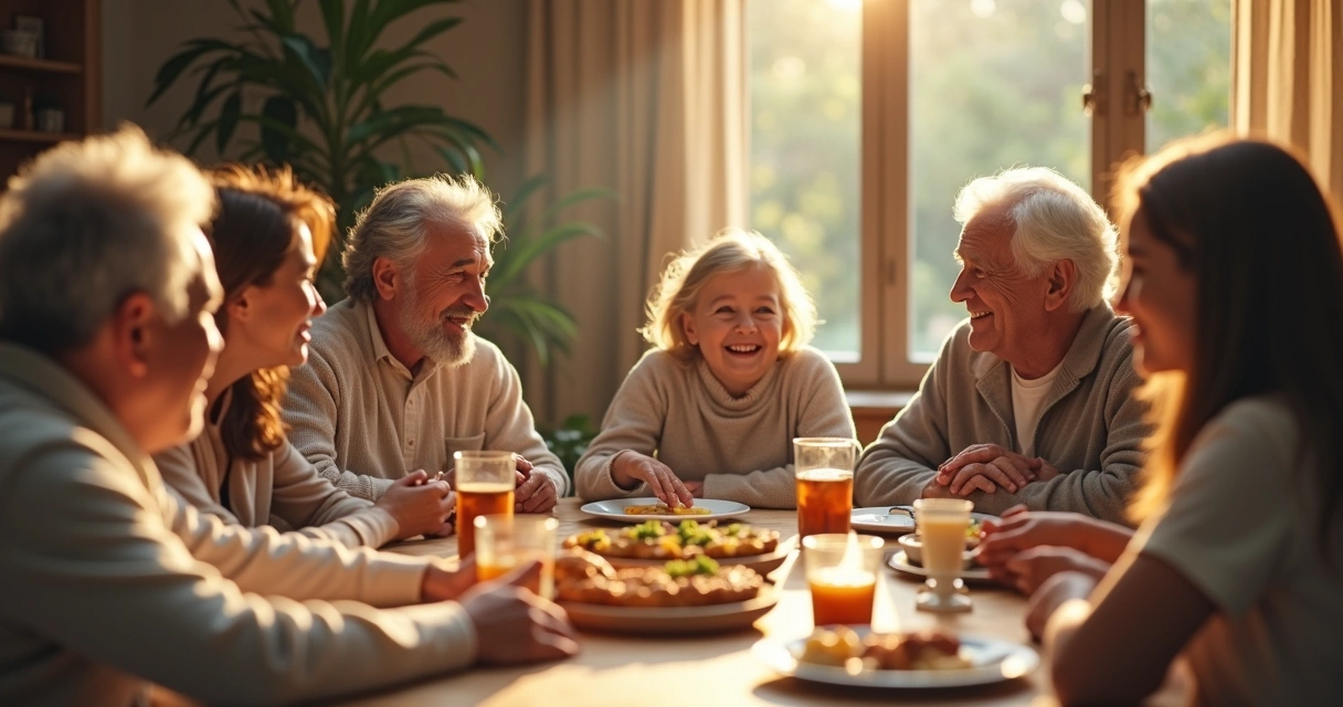 Família reunida à mesa sorrindo durante conversa aberta