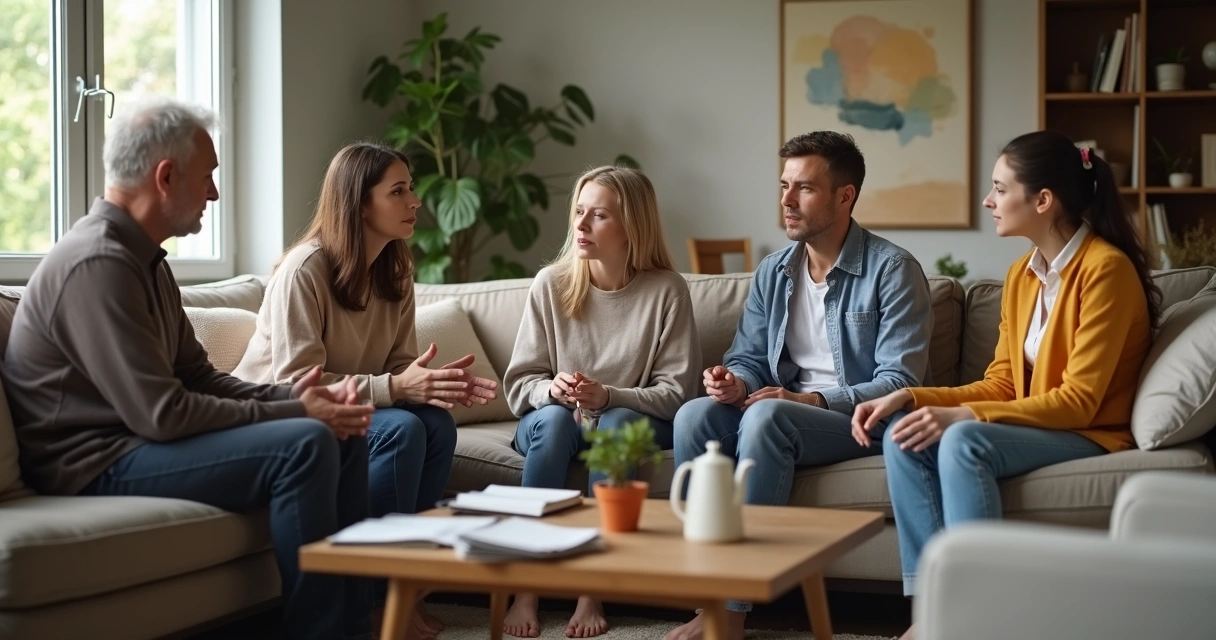 Família sentada na sala conversando em círculo com clima de reconciliação 